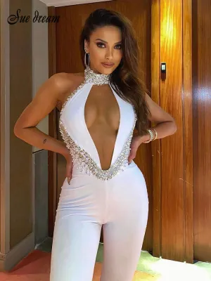 Beaded Hollow Mesh Turtleneck Bodycon Jumpsuit