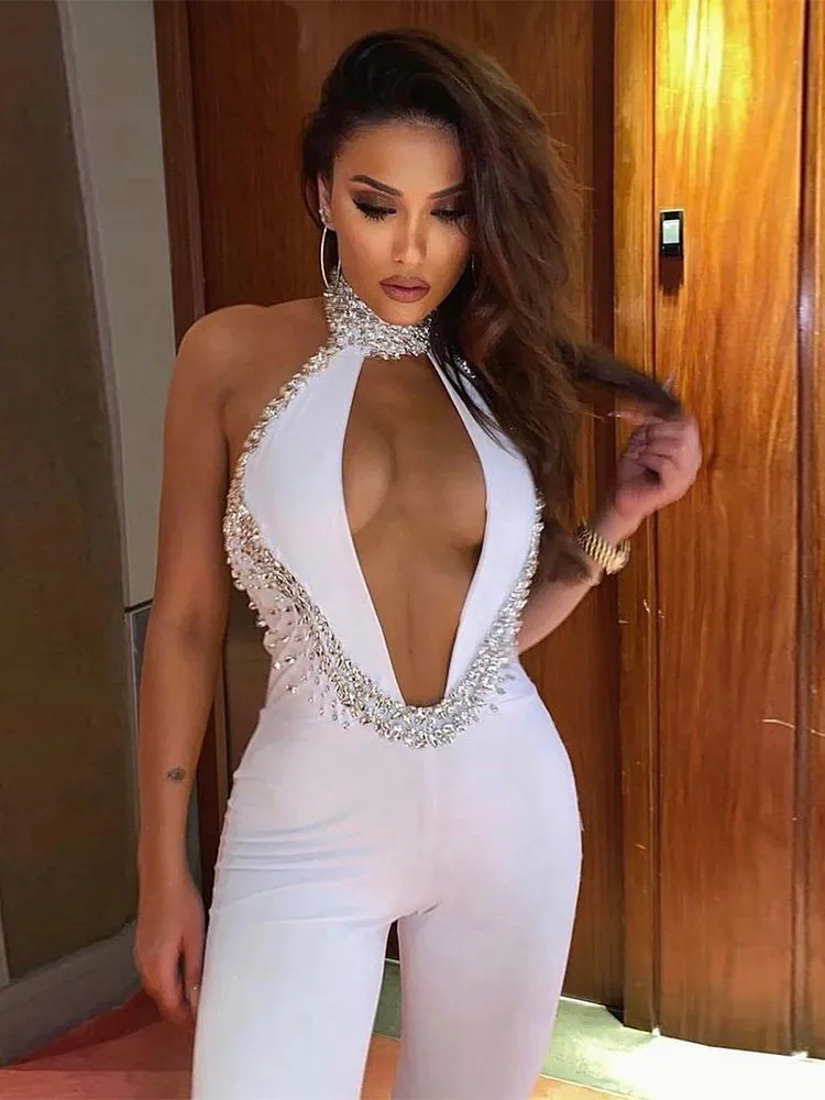 Beaded Hollow Mesh Turtleneck Bodycon Jumpsuit