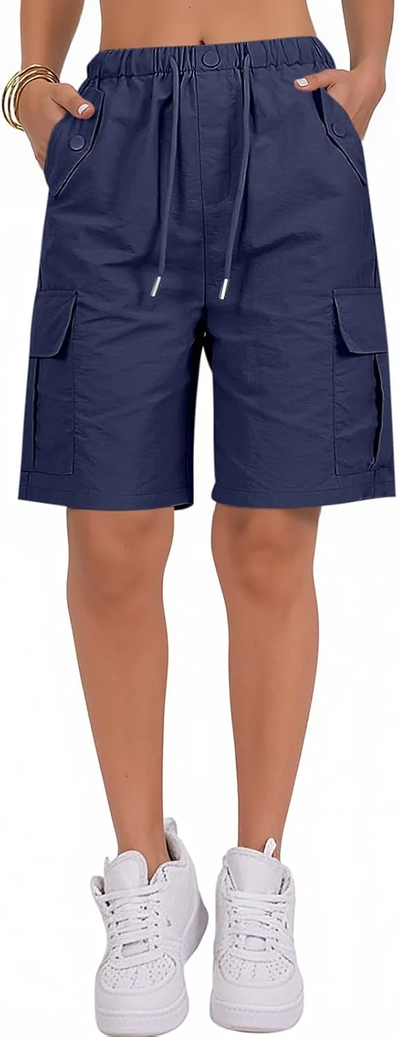 Bermuda Shorts for Women Summer Quick Dry Cargo Shorts with Pockets Outdoor Drawstring Knee Length Hiking Short