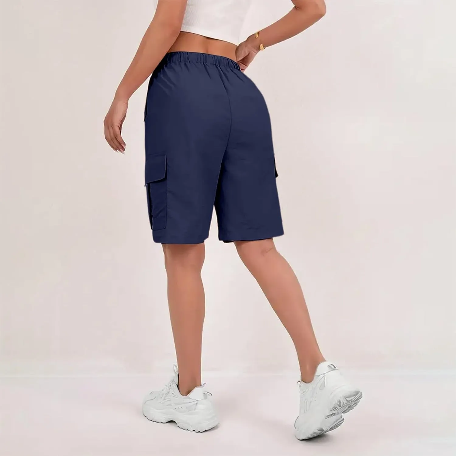 Bermuda Shorts for Women Summer Quick Dry Cargo Shorts with Pockets Outdoor Drawstring Knee Length Hiking Short