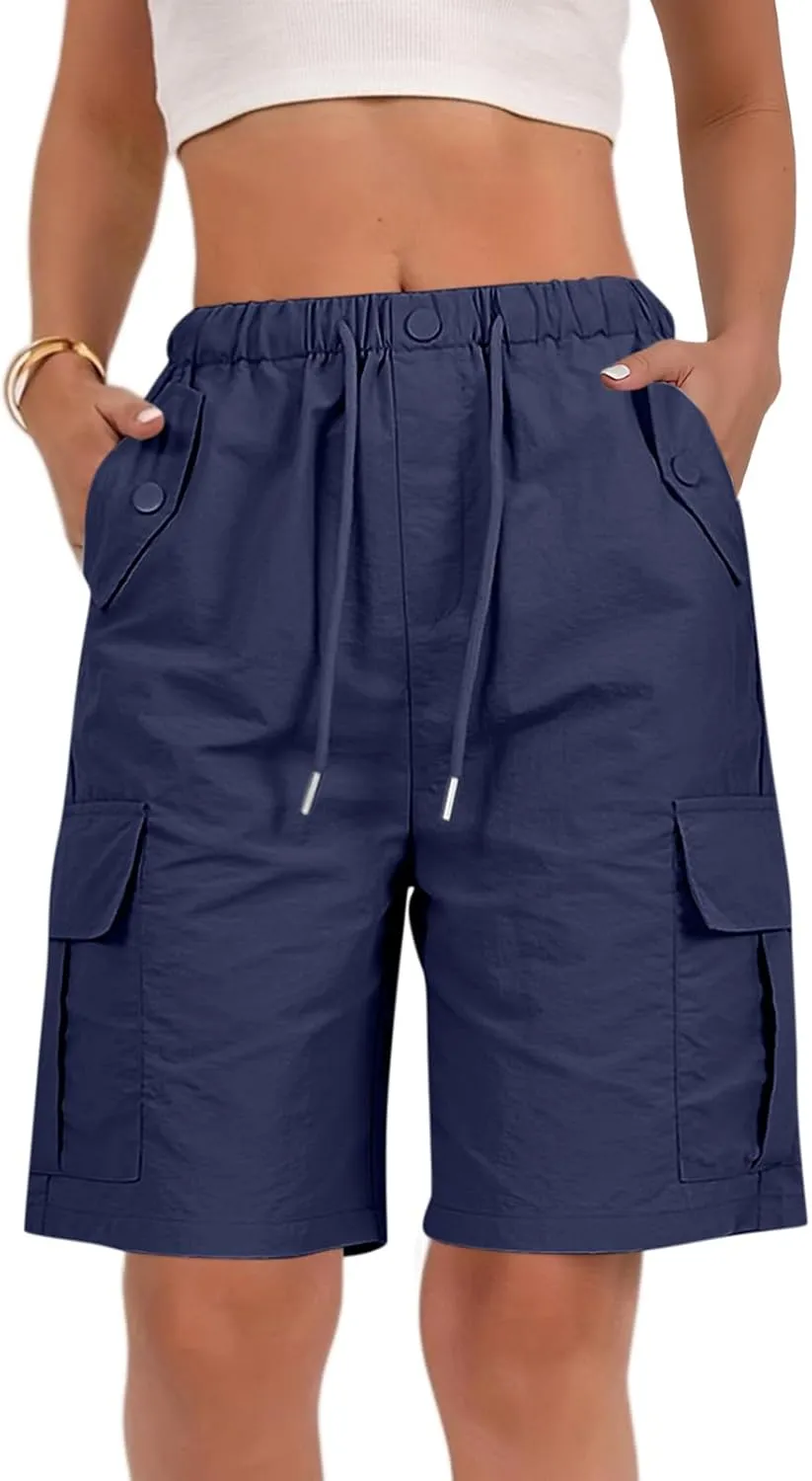Bermuda Shorts for Women Summer Quick Dry Cargo Shorts with Pockets Outdoor Drawstring Knee Length Hiking Short