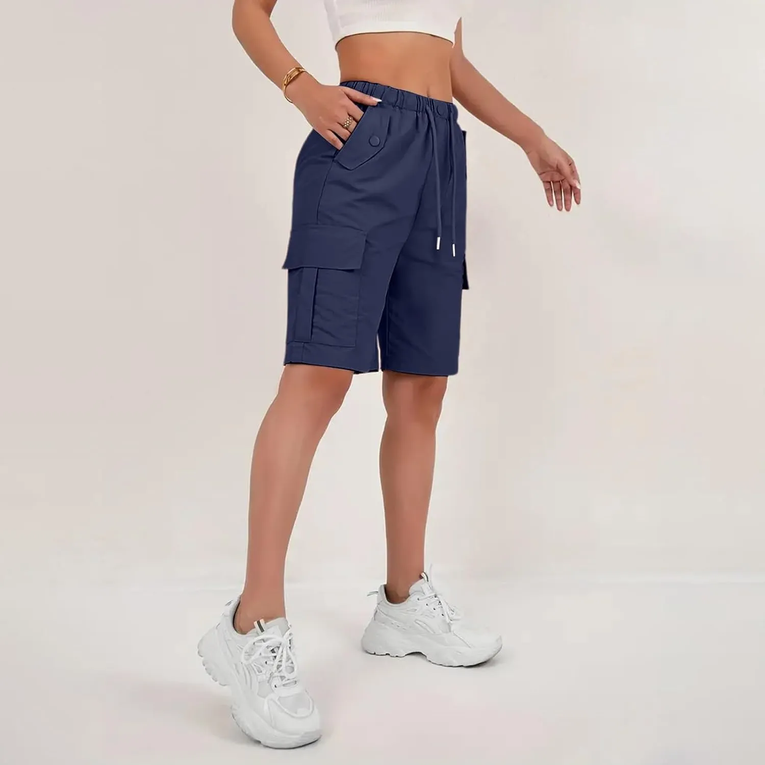Bermuda Shorts for Women Summer Quick Dry Cargo Shorts with Pockets Outdoor Drawstring Knee Length Hiking Short