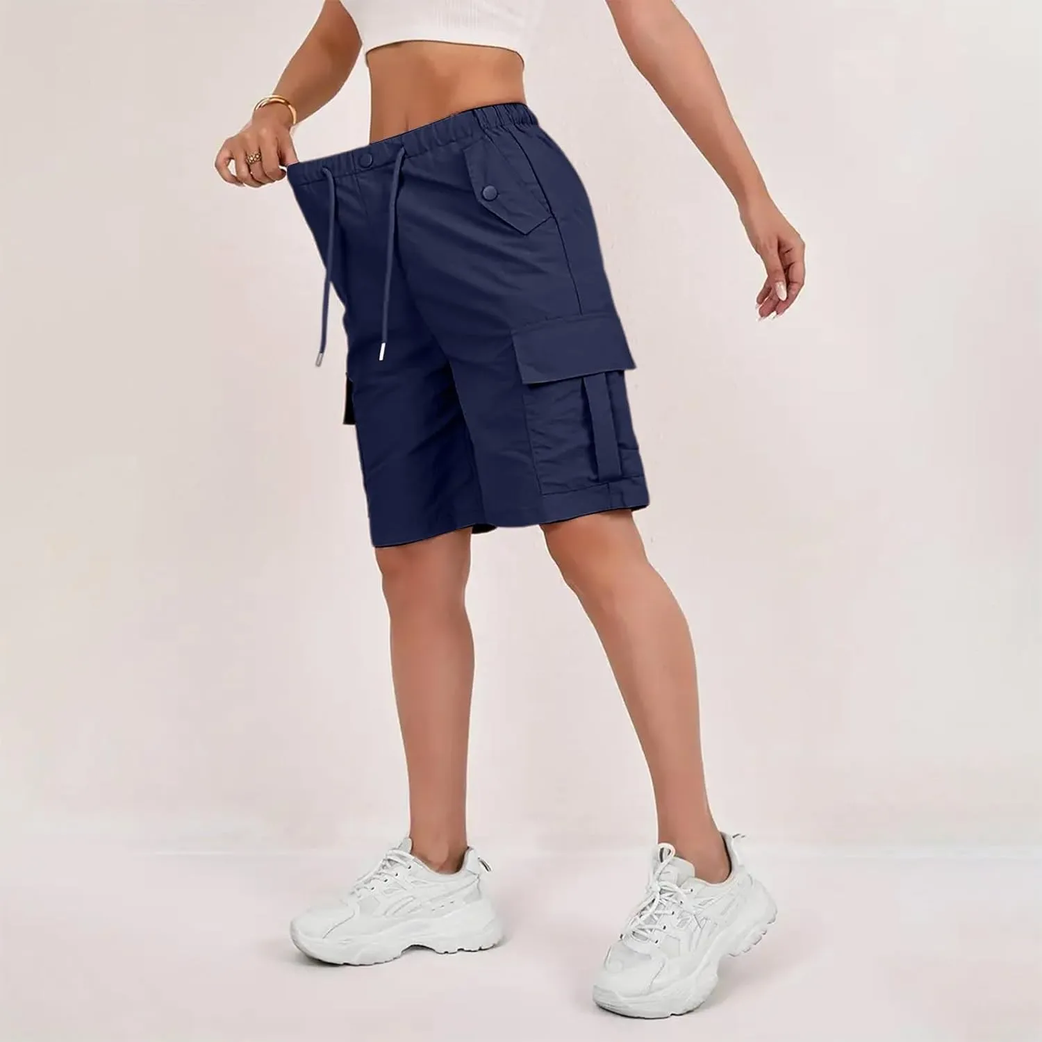 Bermuda Shorts for Women Summer Quick Dry Cargo Shorts with Pockets Outdoor Drawstring Knee Length Hiking Short
