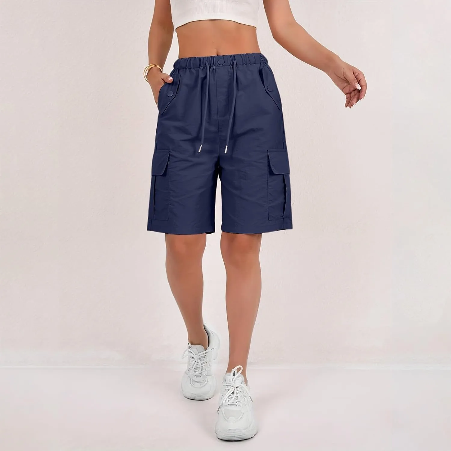 Bermuda Shorts for Women Summer Quick Dry Cargo Shorts with Pockets Outdoor Drawstring Knee Length Hiking Short