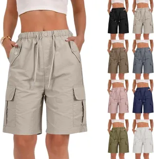 Bermuda Shorts for Women Summer Quick Dry Cargo Shorts with Pockets Outdoor Drawstring Knee Length Hiking Short