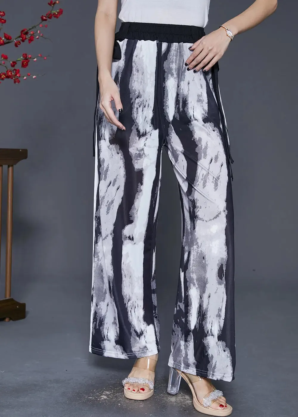 Black Tie Dye Chiffon Straight Pants Trousers Draping Fall ML0360