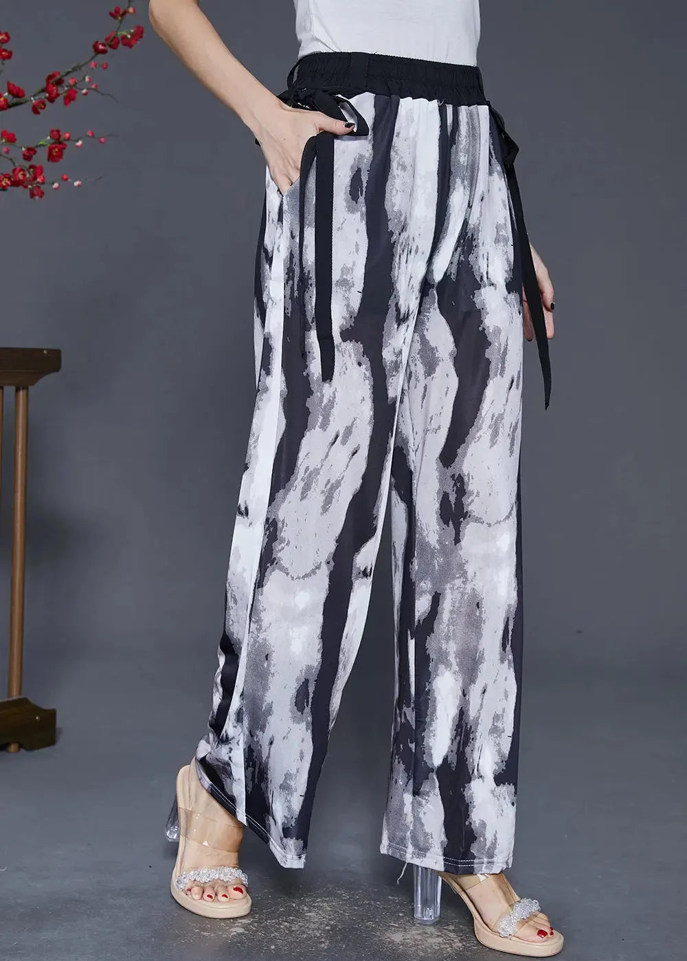 Black Tie Dye Chiffon Straight Pants Trousers Draping Fall ML0360