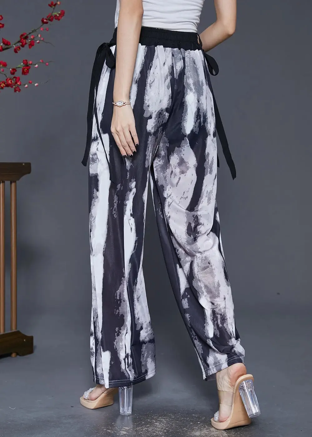 Black Tie Dye Chiffon Straight Pants Trousers Draping Fall ML0360