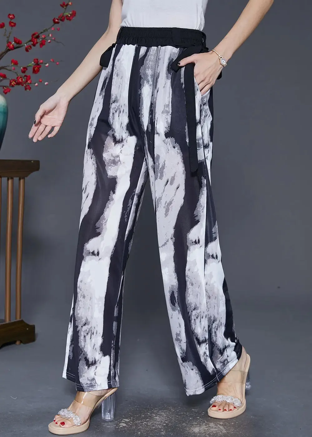 Black Tie Dye Chiffon Straight Pants Trousers Draping Fall ML0360