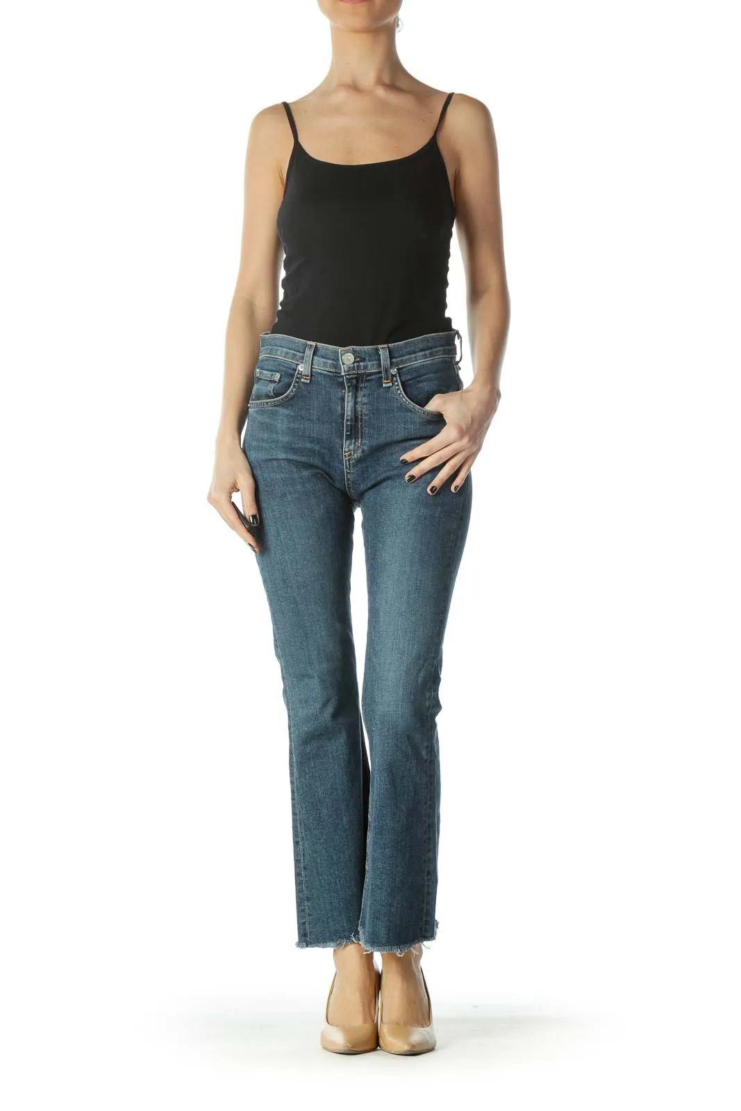 Blue Medium-Wash Frayed Hem High-Waisted Denim Jeans