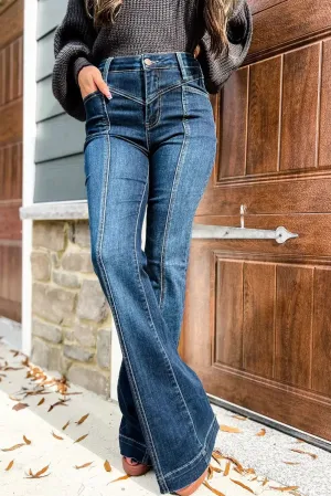 Blue Seam Stitched High Waist Flare Jeans with Pockets