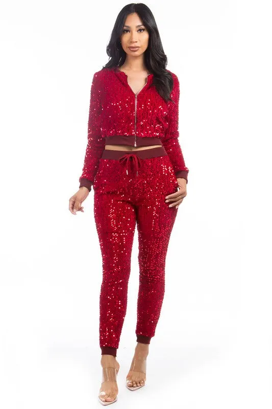By Claude Sexy Sequin Two Piece Pant Set