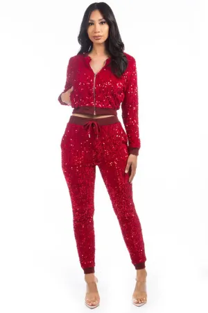By Claude Sexy Sequin Two Piece Pant Set