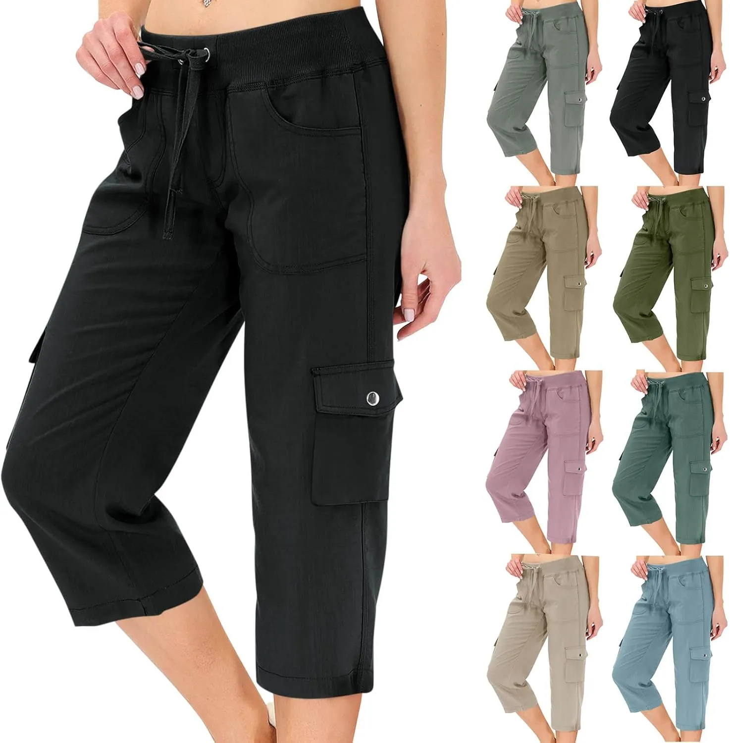 Cargo Capris for Women with Pockets Outdoor Quick Dry Hiking Pants Lightweight Summer Casual Drawstring Capri Pants