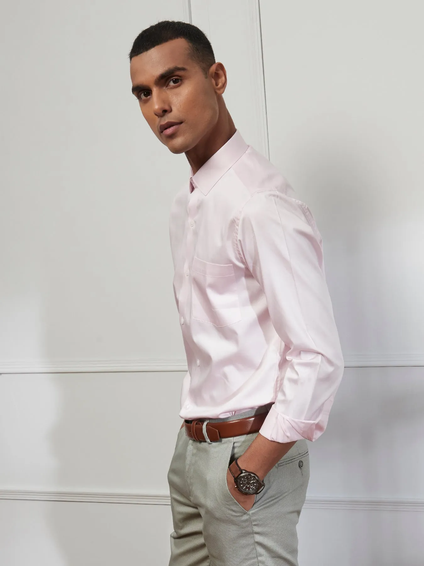 Cotton Light Pink Plain Slim Fit Full Sleeve Ceremonial Shirt