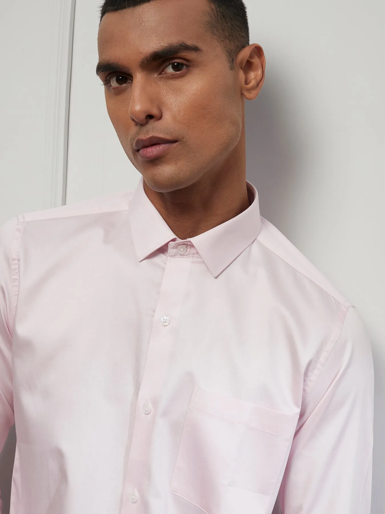 Cotton Light Pink Plain Slim Fit Full Sleeve Ceremonial Shirt