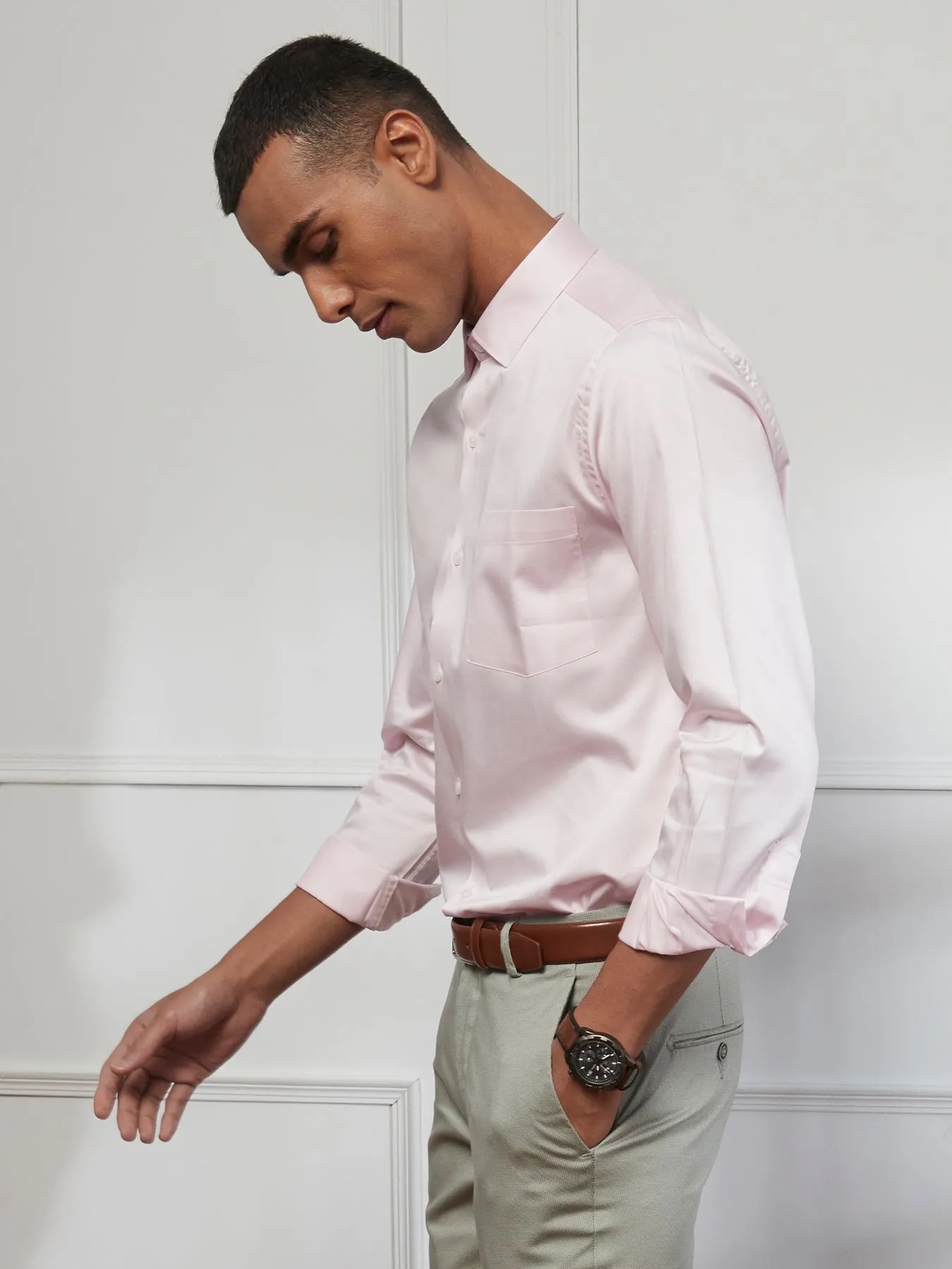 Cotton Light Pink Plain Slim Fit Full Sleeve Ceremonial Shirt