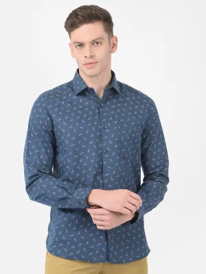 Cotton Linen Dark Blue Slim Fit Printed Shirt