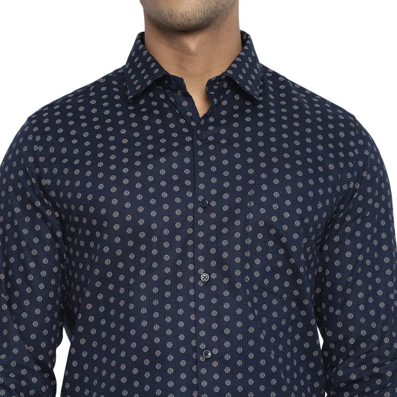 Cotton Navy Blue Printed Slim Fit Shirt
