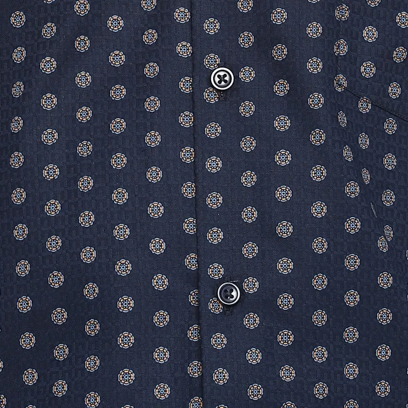 Cotton Navy Blue Printed Slim Fit Shirt