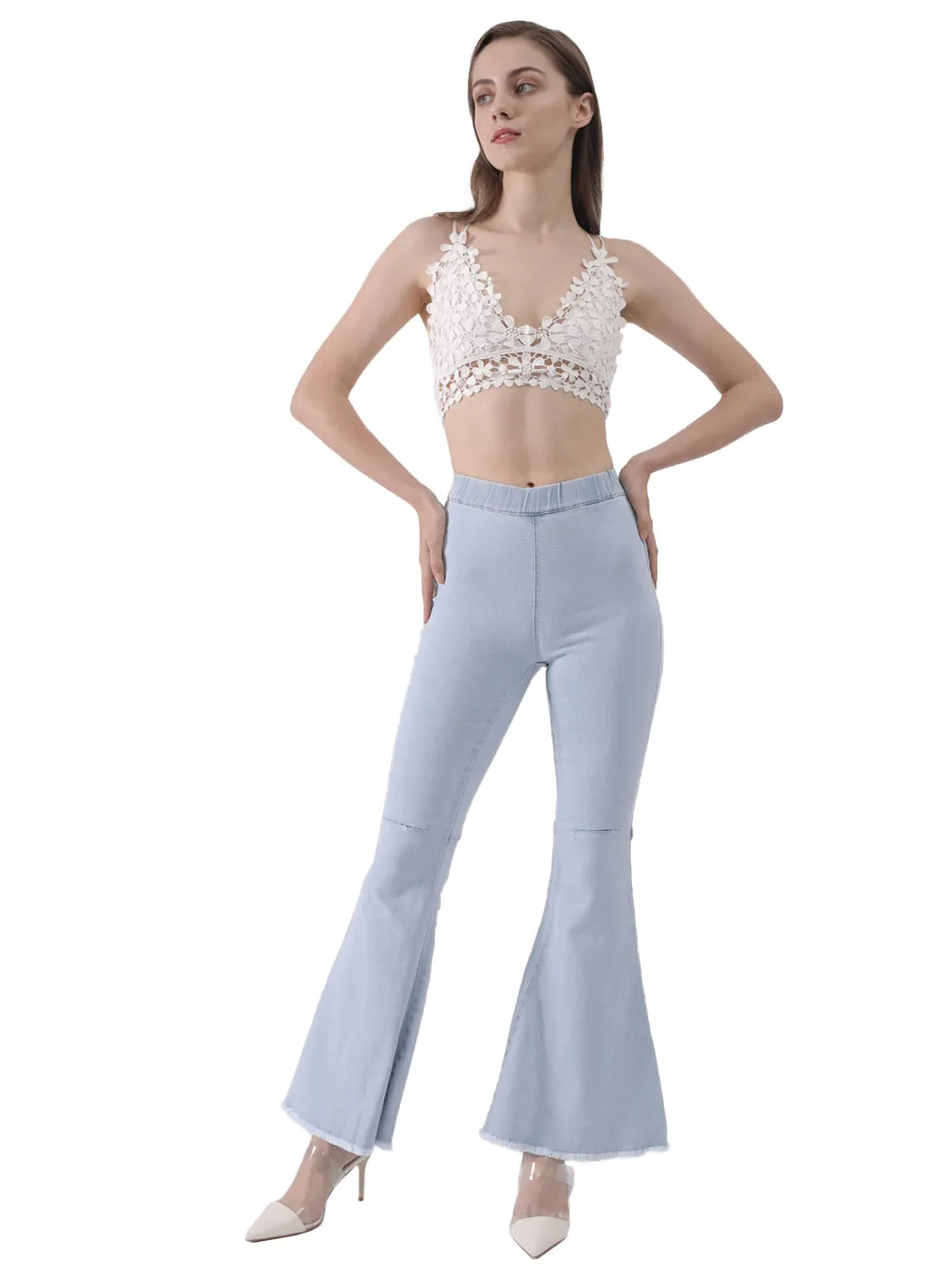 Elastic Waist Flared Denim Pants