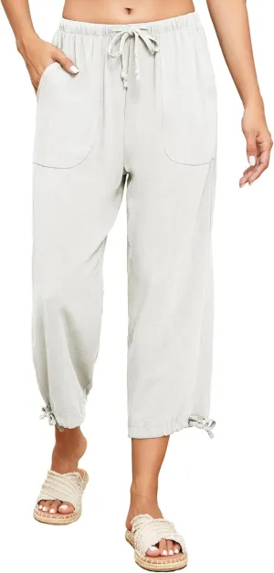 Famulily Womens Capri Pants High Waisted Wide Leg Lounge Linen Pant Drawstring Causal Palazzo Trousers with Pockets