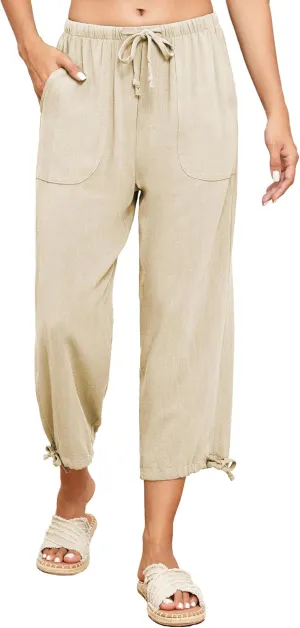Famulily Womens Capri Pants High Waisted Wide Leg Lounge Linen Pant Drawstring Causal Palazzo Trousers with Pockets