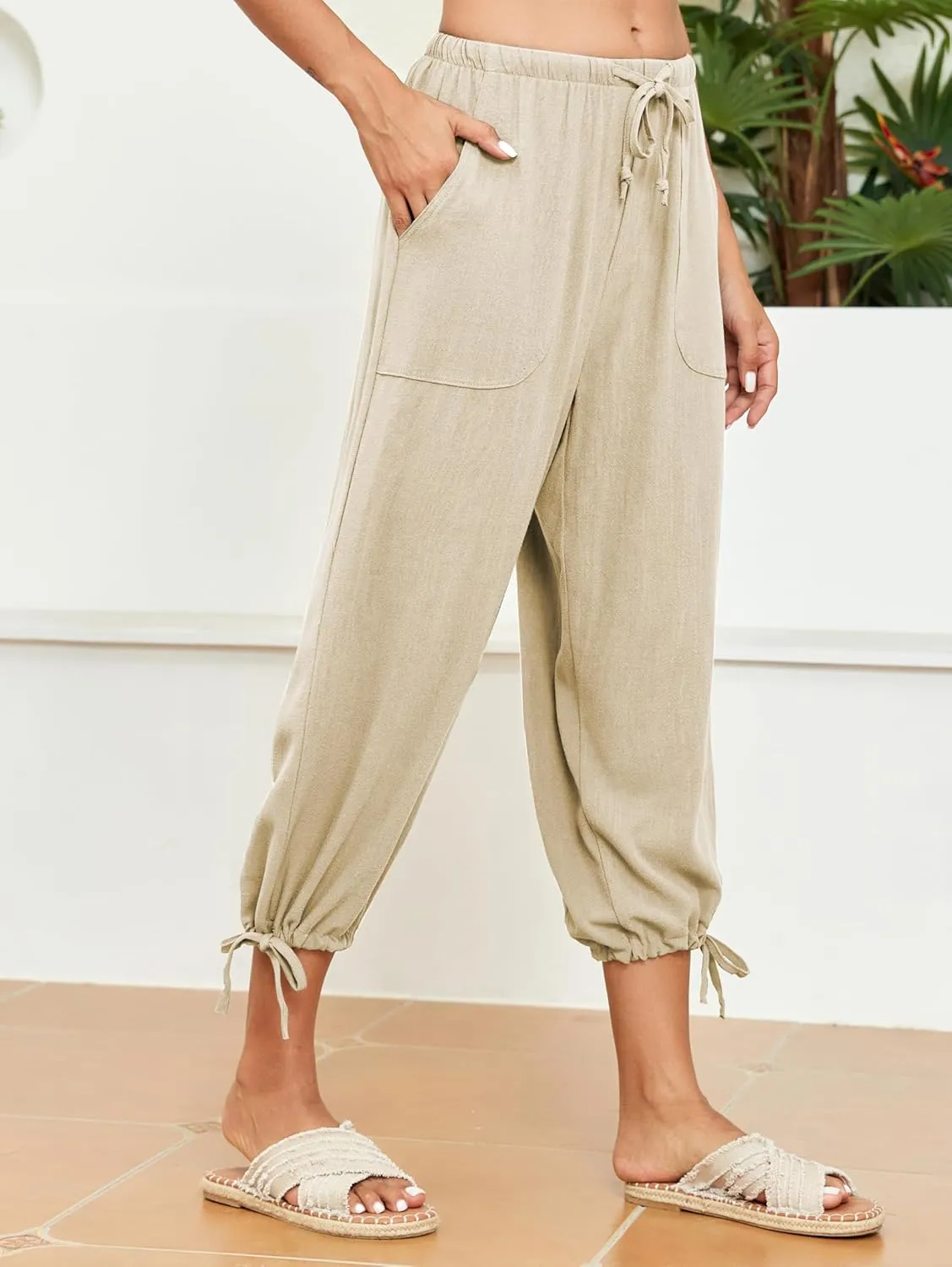 Famulily Womens Capri Pants High Waisted Wide Leg Lounge Linen Pant Drawstring Causal Palazzo Trousers with Pockets