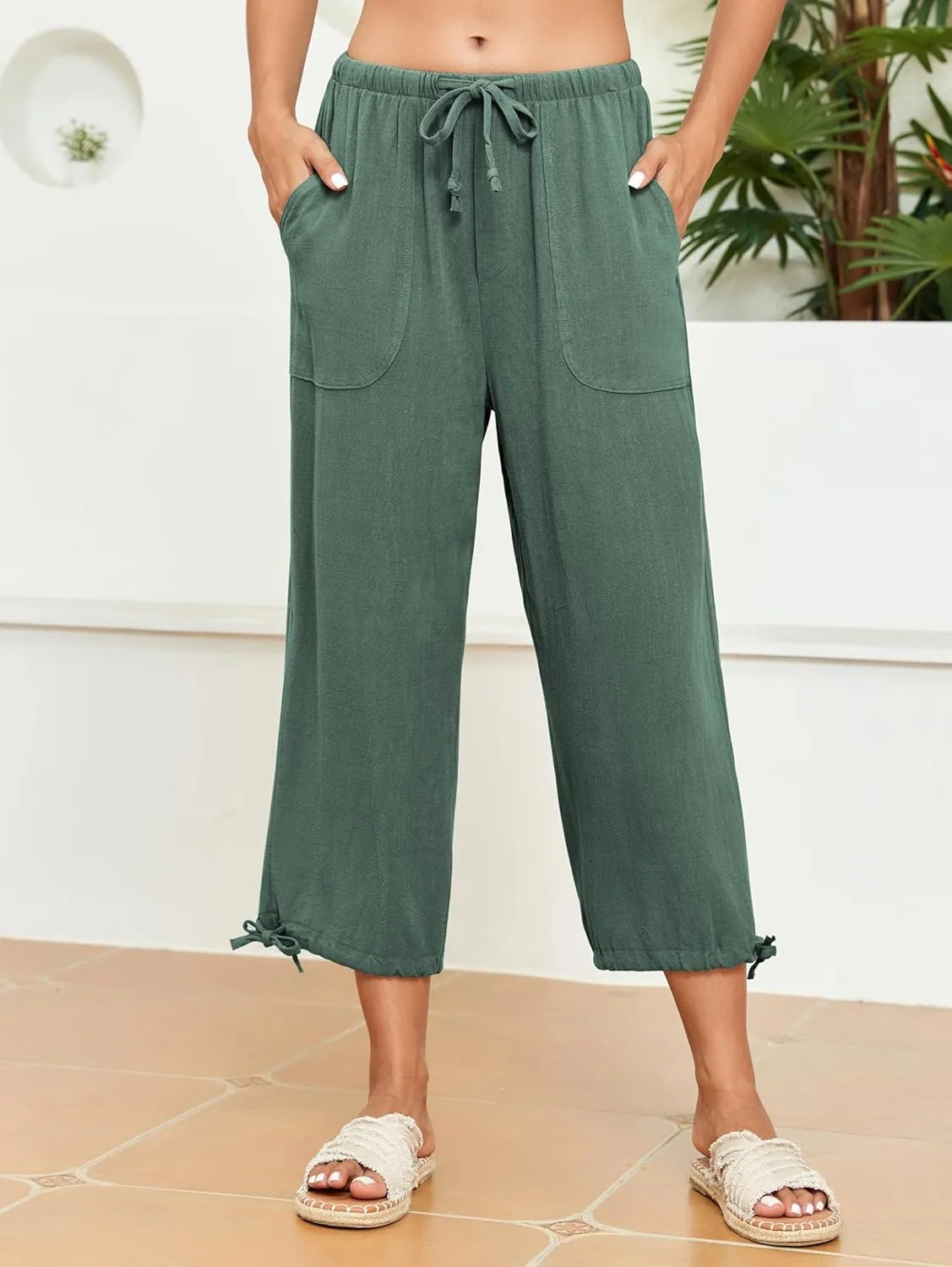 Famulily Womens Capri Pants High Waisted Wide Leg Lounge Linen Pant Drawstring Causal Palazzo Trousers with Pockets