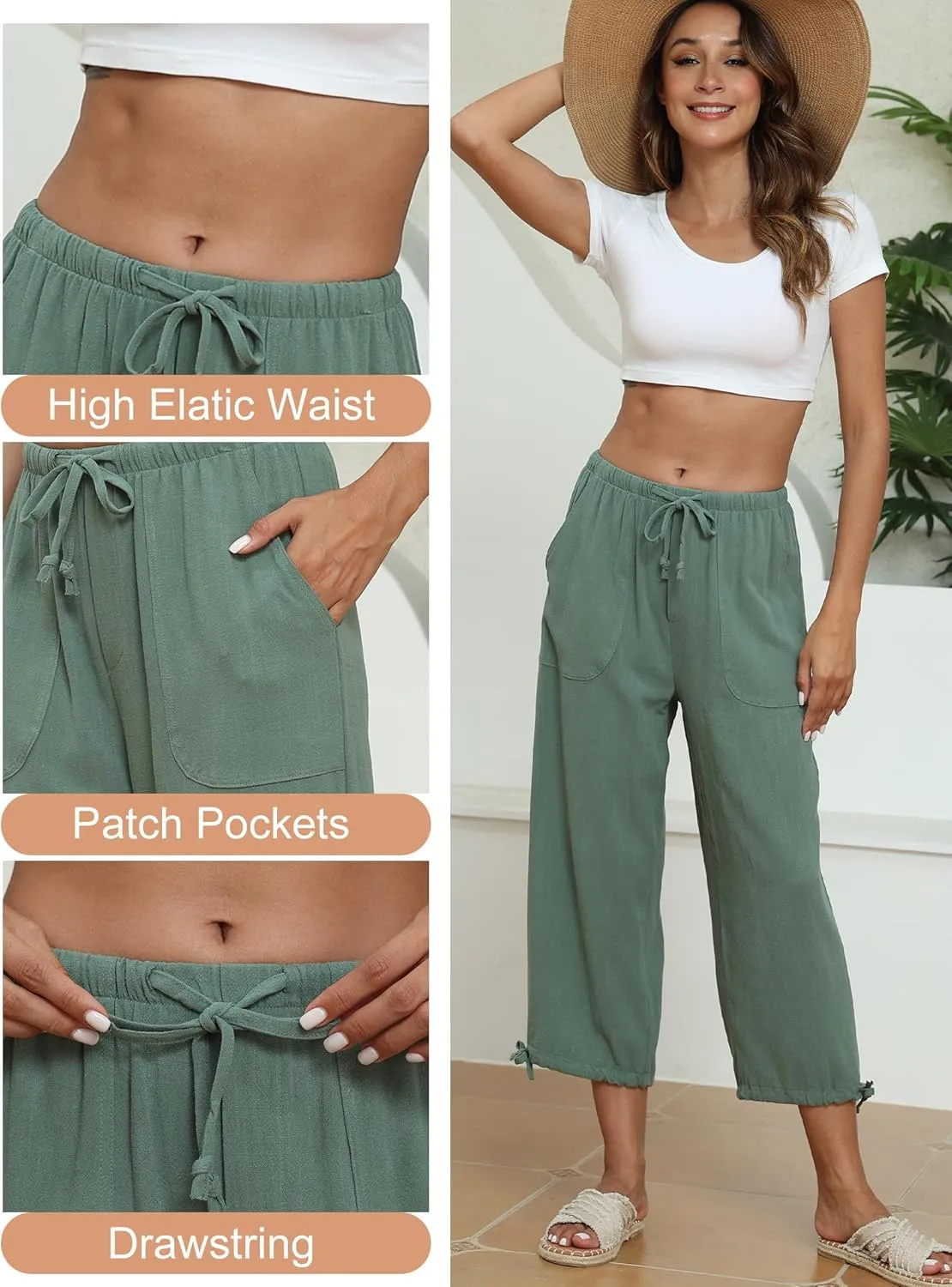 Famulily Womens Capri Pants High Waisted Wide Leg Lounge Linen Pant Drawstring Causal Palazzo Trousers with Pockets