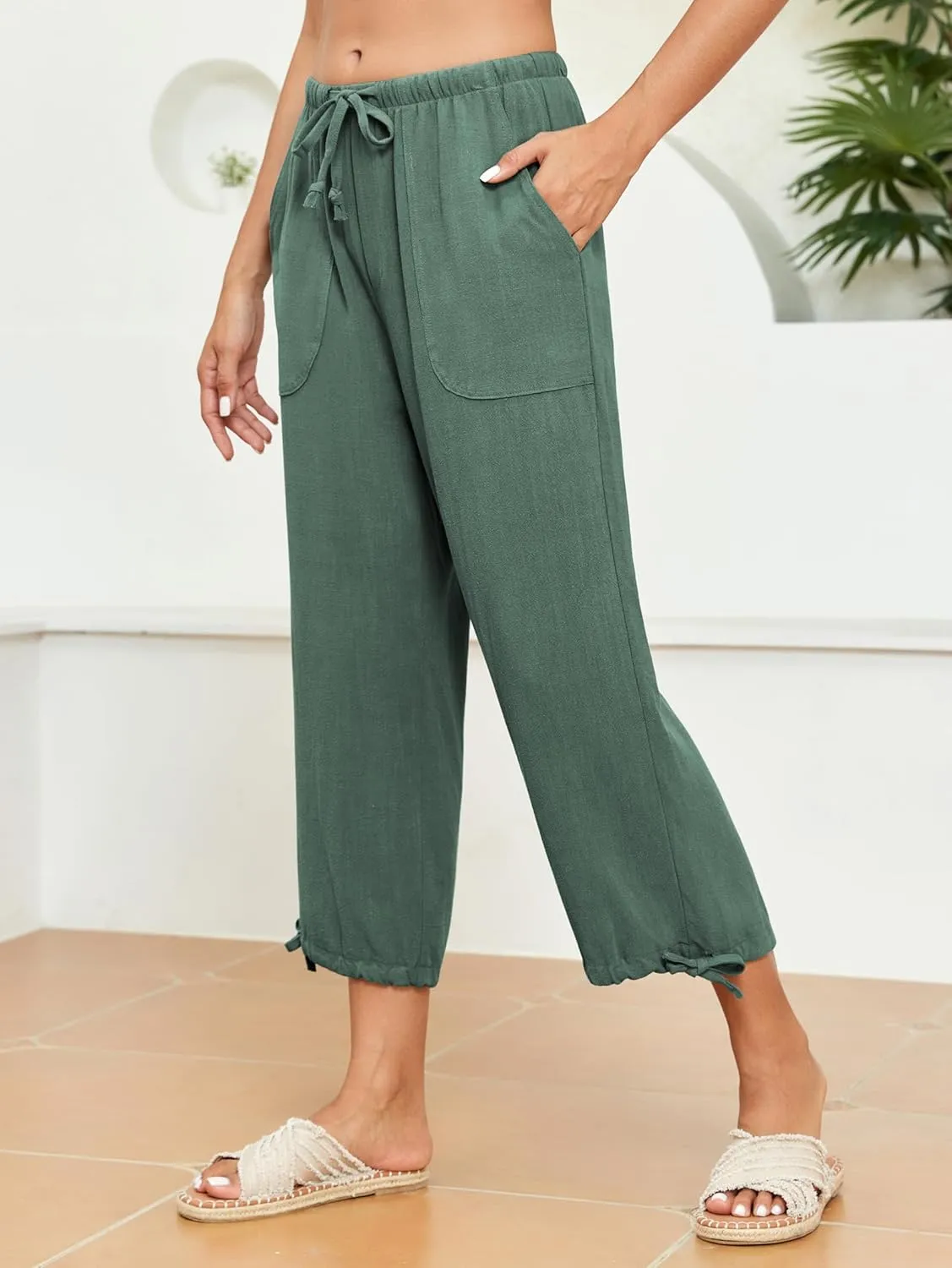 Famulily Womens Capri Pants High Waisted Wide Leg Lounge Linen Pant Drawstring Causal Palazzo Trousers with Pockets
