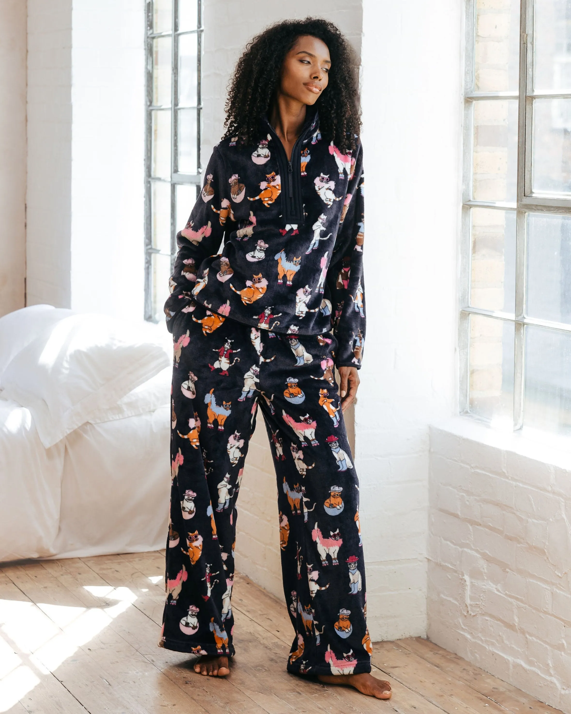 Fleece Disco Cats Print Sweatshirt & Jogger Co-ord