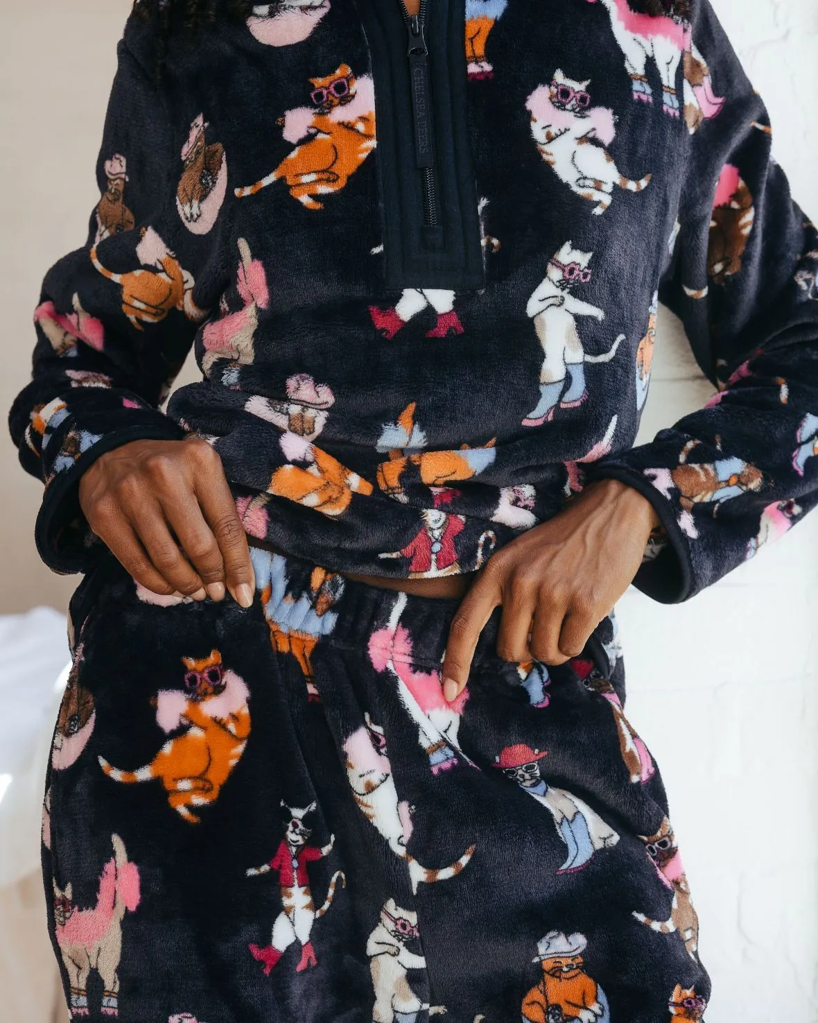 Fleece Disco Cats Print Sweatshirt & Jogger Co-ord