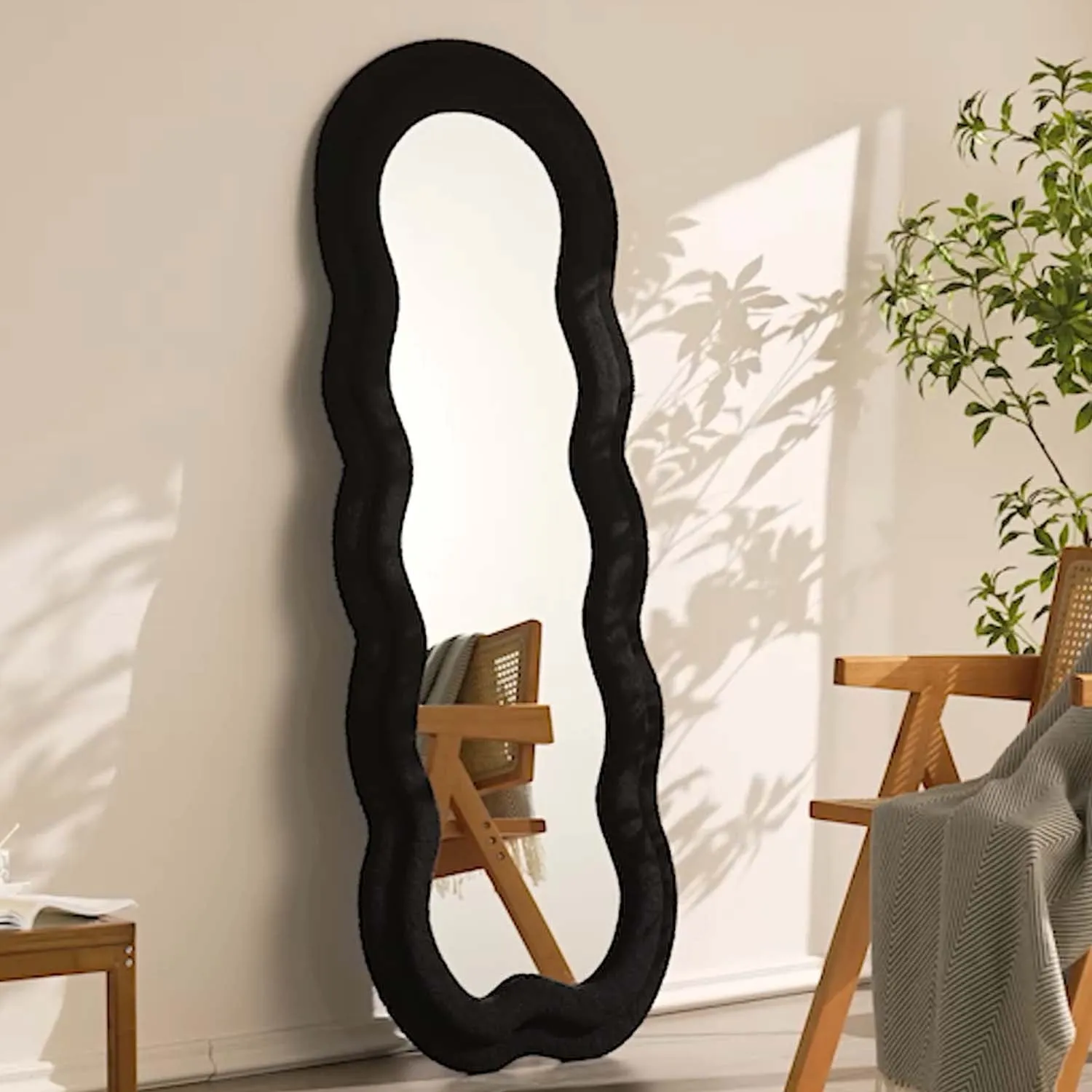 Full Length Standing Wavy Mirror 63'' x 24'' (H x W) with Flannelette Fabric Frame