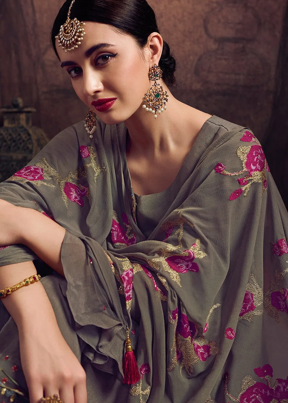 Grey Floral Embroidered Pakistani Pant Suit