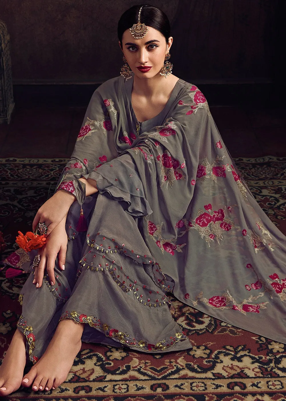 Grey Floral Embroidered Pakistani Pant Suit