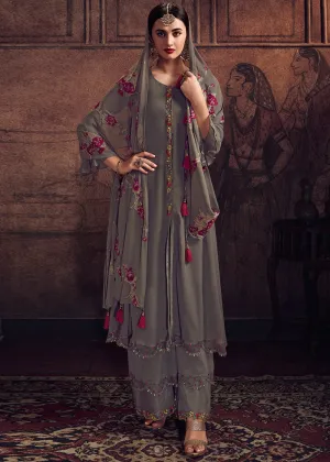 Grey Floral Embroidered Pakistani Pant Suit