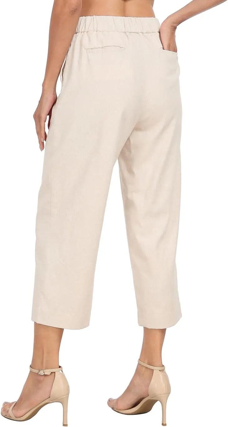 HDE Women's Pull On Linen Capri Pants Cropped High Waisted Summer Capris