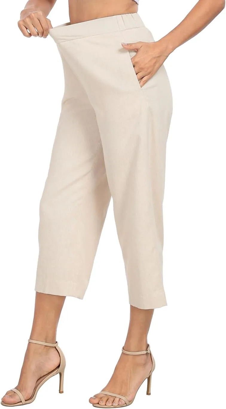 HDE Women's Pull On Linen Capri Pants Cropped High Waisted Summer Capris