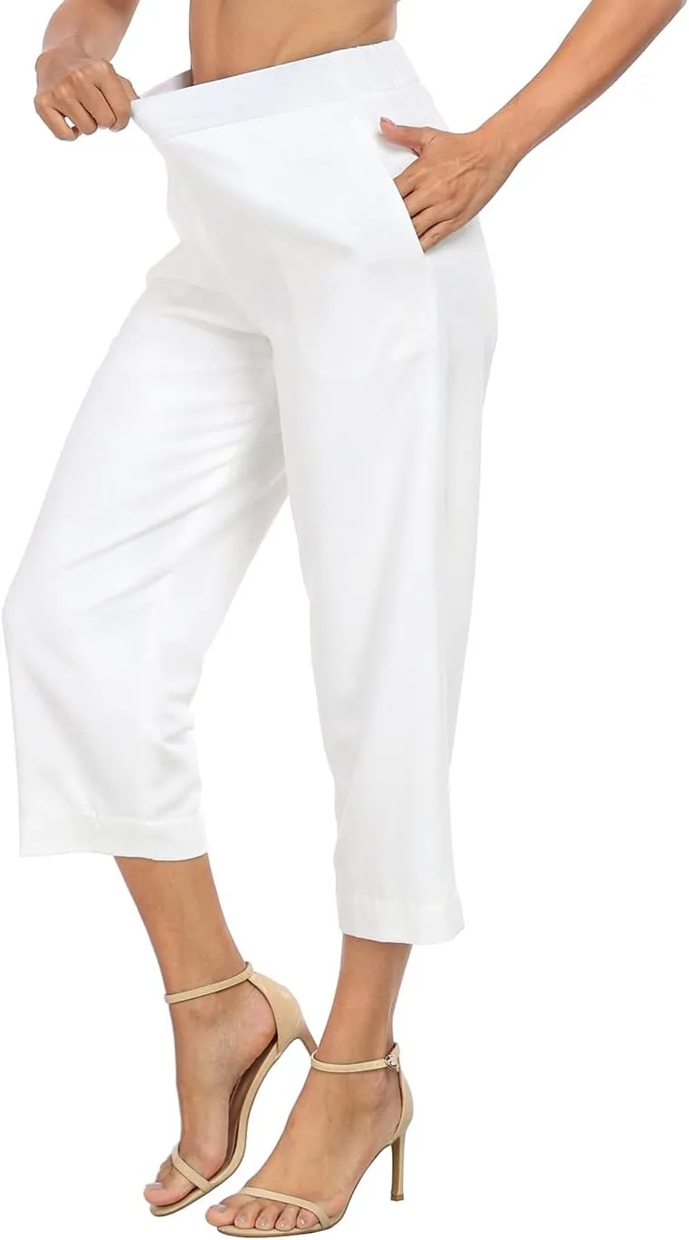 HDE Women's Pull On Linen Capri Pants Cropped High Waisted Summer Capris