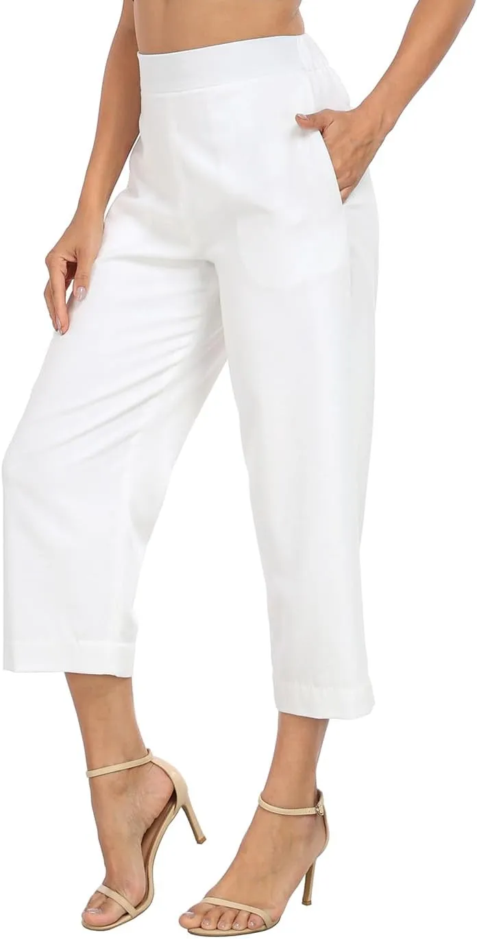 HDE Women's Pull On Linen Capri Pants Cropped High Waisted Summer Capris
