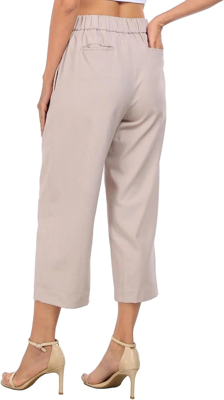 HDE Women's Pull On Linen Capri Pants Cropped High Waisted Summer Capris