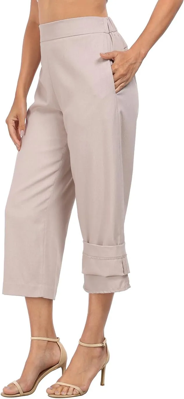 HDE Women's Pull On Linen Capri Pants Cropped High Waisted Summer Capris