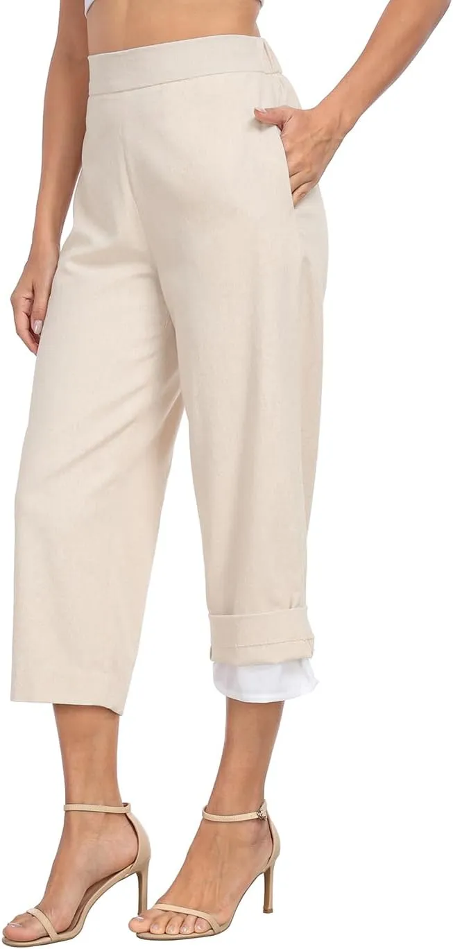 HDE Women's Pull On Linen Capri Pants Cropped High Waisted Summer Capris
