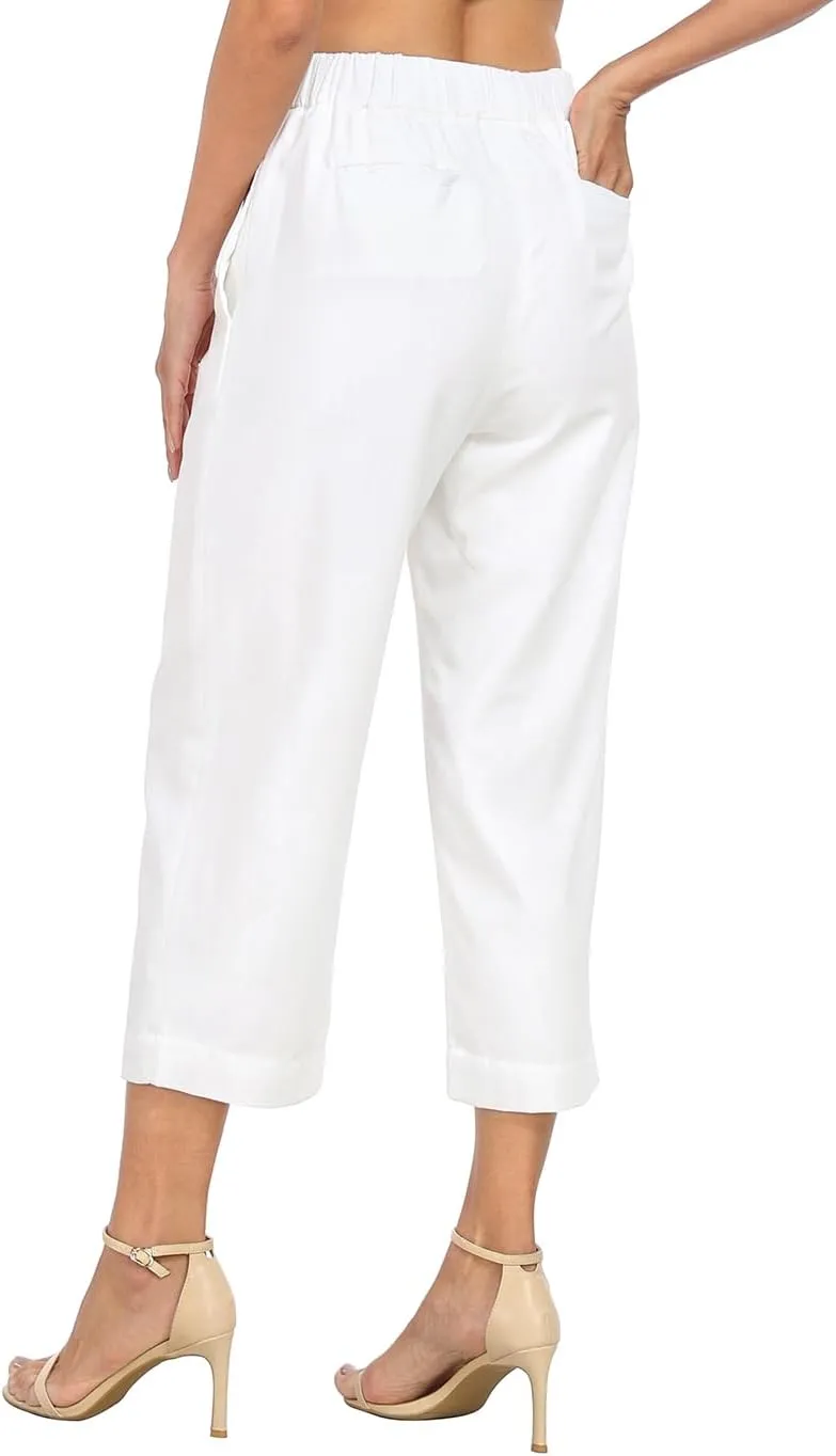 HDE Women's Pull On Linen Capri Pants Cropped High Waisted Summer Capris