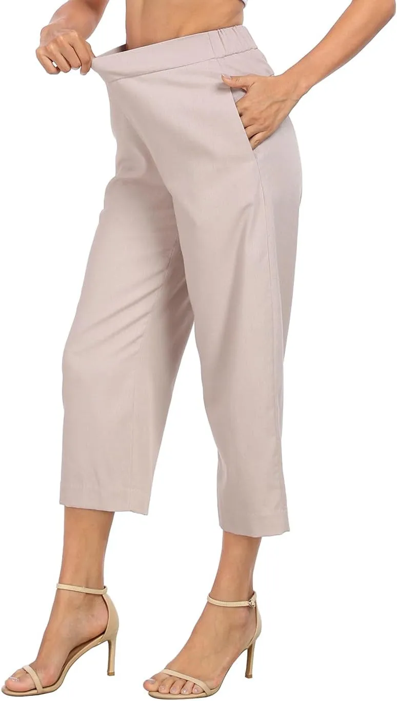 HDE Women's Pull On Linen Capri Pants Cropped High Waisted Summer Capris