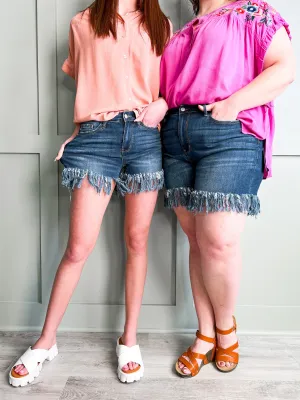 Judy Blue Dream Catcher Dark Wash Long Fray Hem Shorts