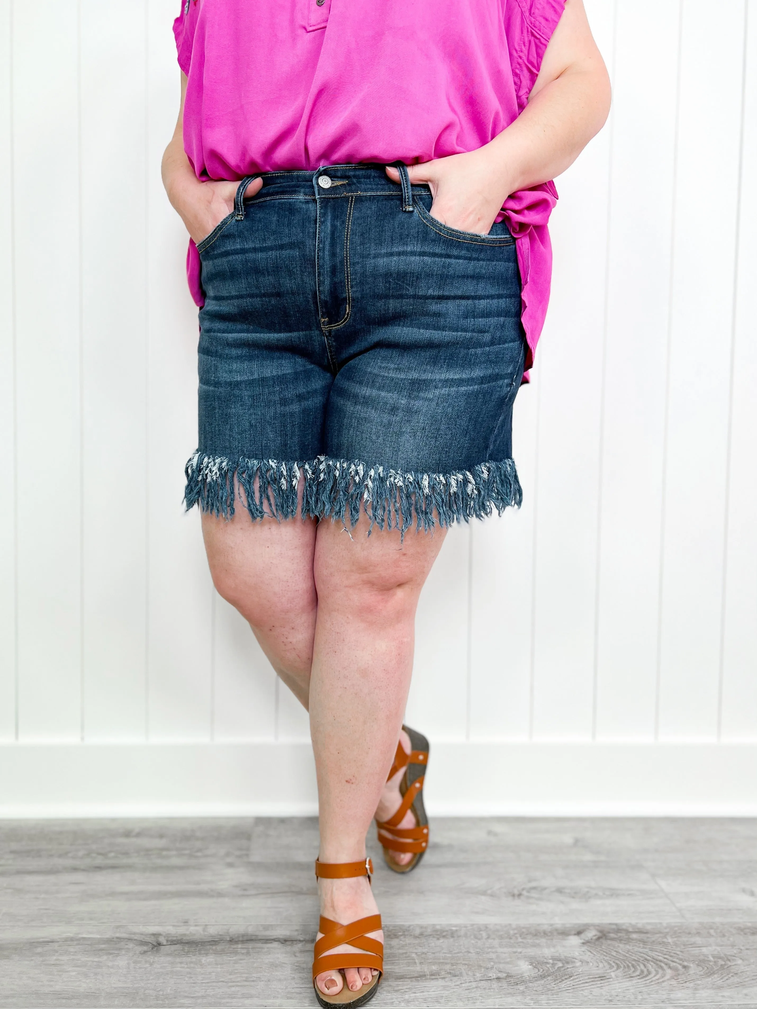 Judy Blue Dream Catcher Dark Wash Long Fray Hem Shorts
