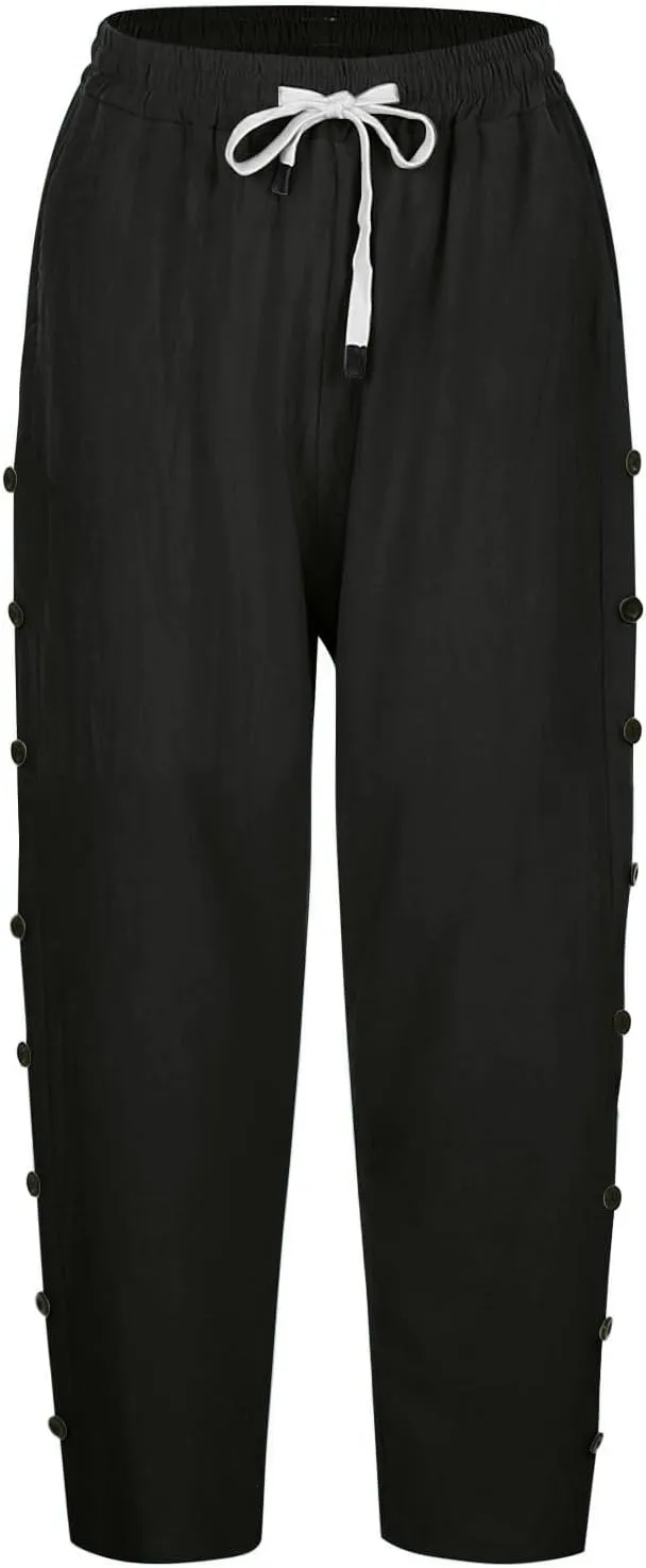 Linen Capris for Women Summer Casual High Waisted Crop Pants with Pockets Wed Leg Lounge Trousers Boho Beach Clothes
