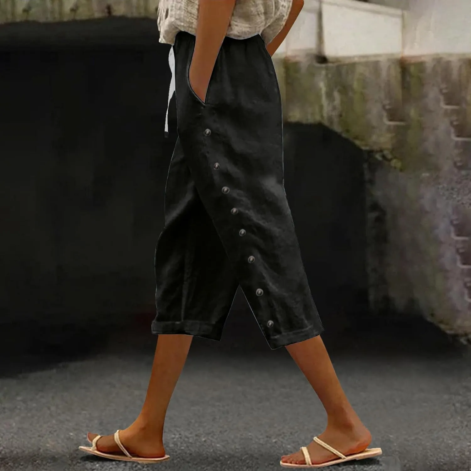 Linen Capris for Women Summer Casual High Waisted Crop Pants with Pockets Wed Leg Lounge Trousers Boho Beach Clothes